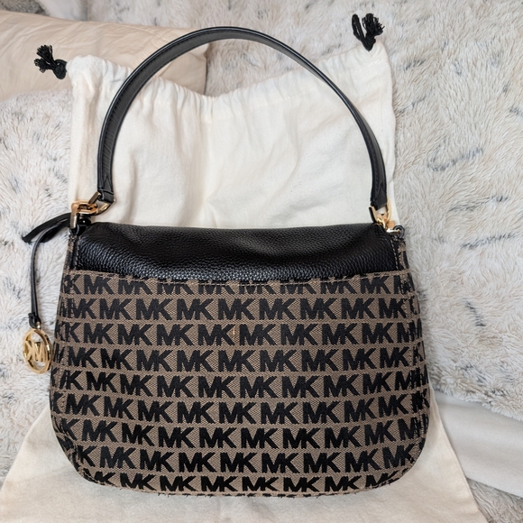 Michael Kors Leather Monogram Flap Top Shoulder Bag Crossbody Black & Tan - Picture 4 of 9